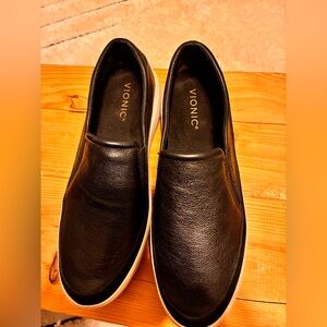 Vionic Black Leather Slip-On Sneakers with White Soles